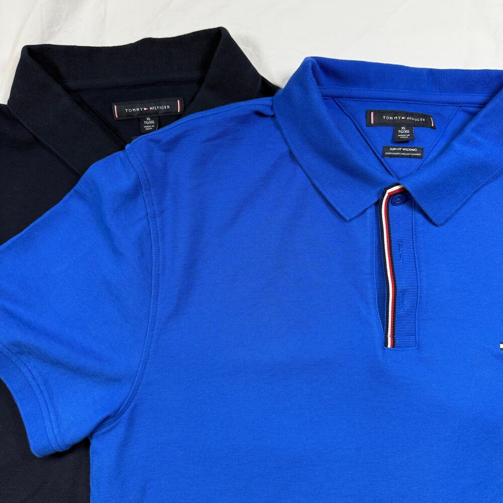 2 Tommy Hilfiger Mens Slim Fit Polo Shirts XL Blue Wicking EUC Set